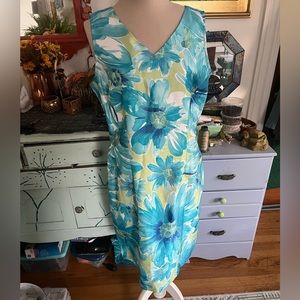 Expressions Floral Sheath Dress 12 Aqua Green Summer Weddings Dressy Preppy VGUC